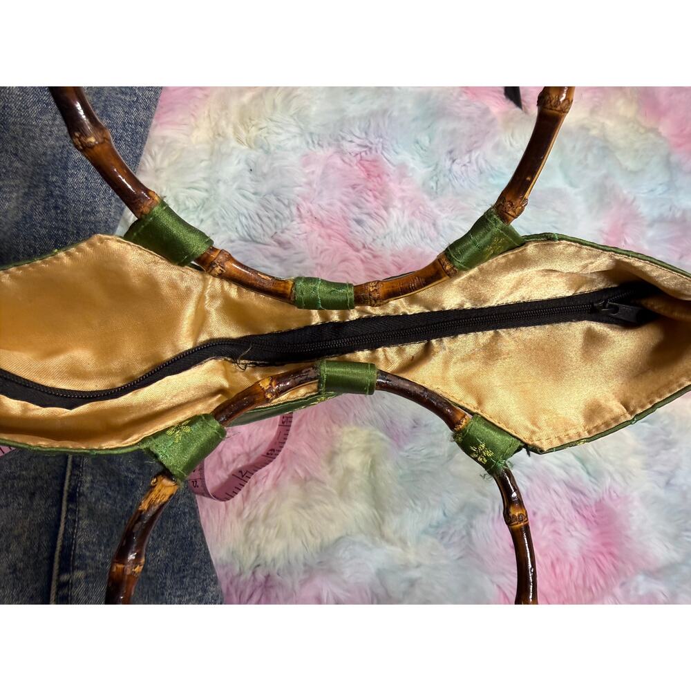 Vintage Green Satin Floral Bamboo Handle Bag Small Handbag - Picture 5 of 11